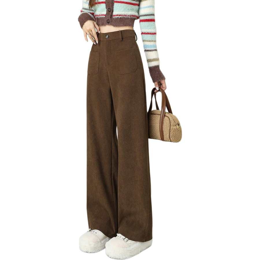 Tonlion Casual Pants Women's Coffee Thickened And Fleece Lined Wide Leg Pants