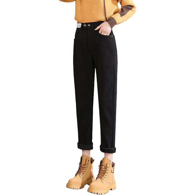 Tonlion Jeans Women's Black Thickened And Fleece Lined Slim Fit Pants