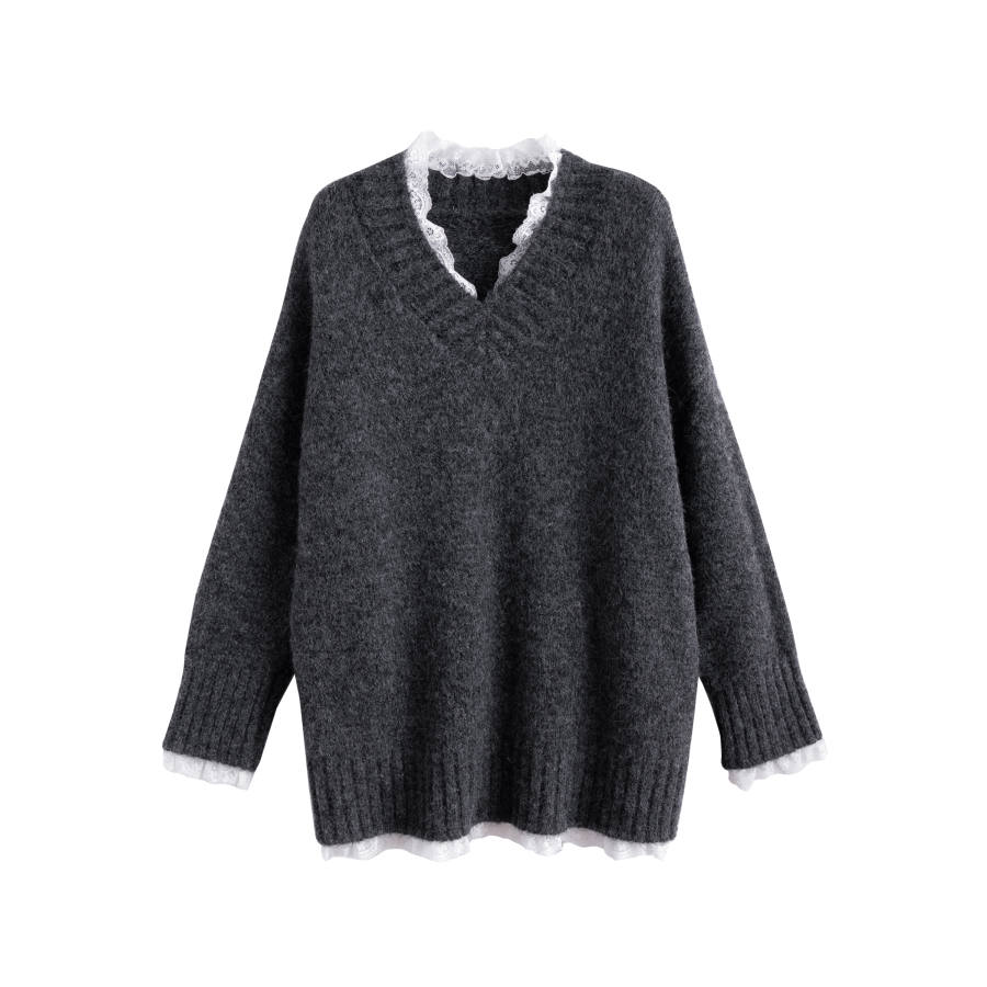 Tonlion Knitwear Women's Dark Heather Gray V Neck Moderate