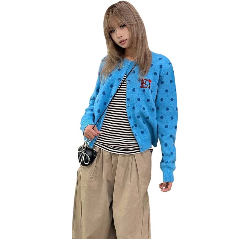 SIXUSICHOU Knitwear Women's Blue Crew Neck Moderate Cardigan