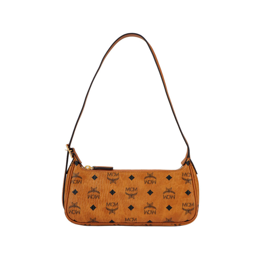 MCM Aren Canvas With Leather Shoulder Bag Small Women's Brown & Cognac
