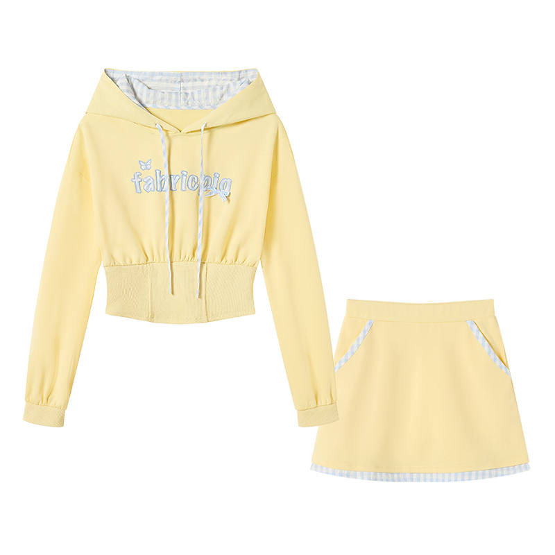 FABRIC PIG Two Piece Skirt Sets Women's Yellow Sweatshirt+Short Skirt Hooded Moderate Short