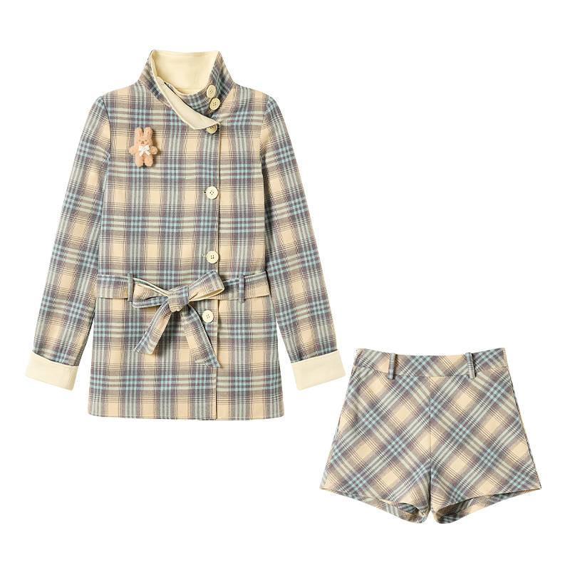 FABRIC PIG Two Piece Skirt Sets Women's Yellow Blue Coat+Shorts Turtleneck Moderate Short