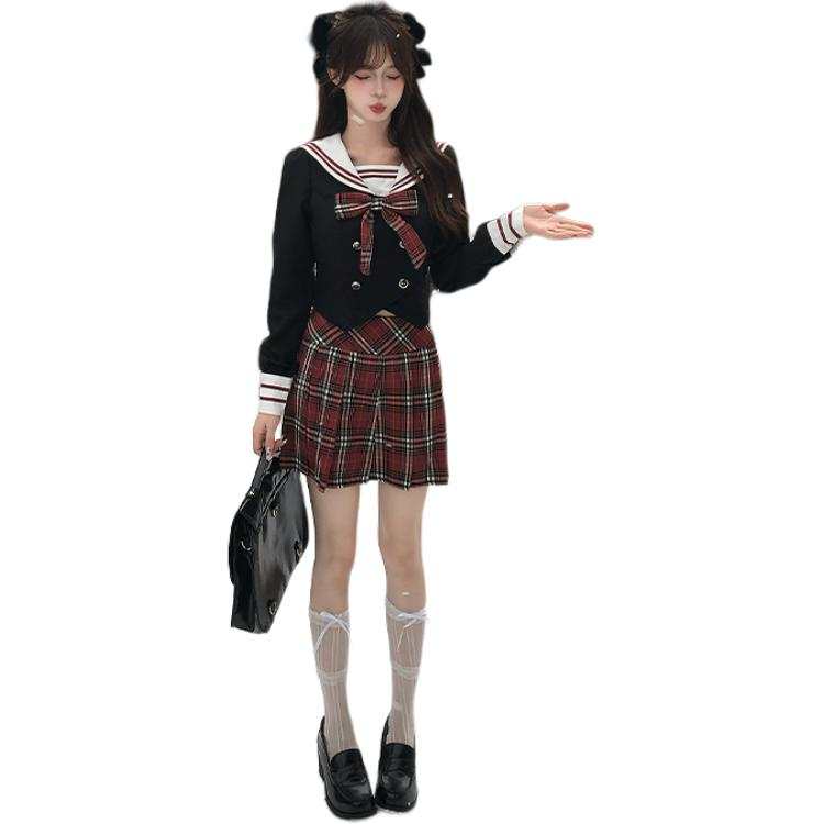 FABRIC PIG Uniforms Women's Black Long Sleeved+Red Short Skirt+Shopping Bag Navy Collar Thin