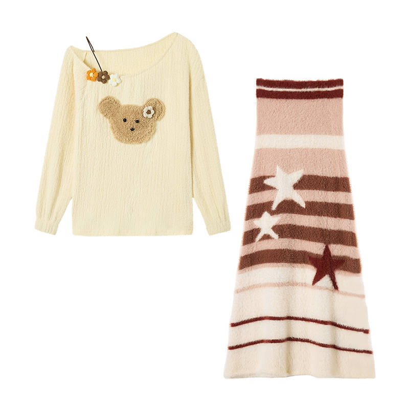 FABRIC PIG Two Piece Skirt Sets Women's Light Coffee Sweater+Long Skirt+Floral Clips Crew Neck Moderate Long