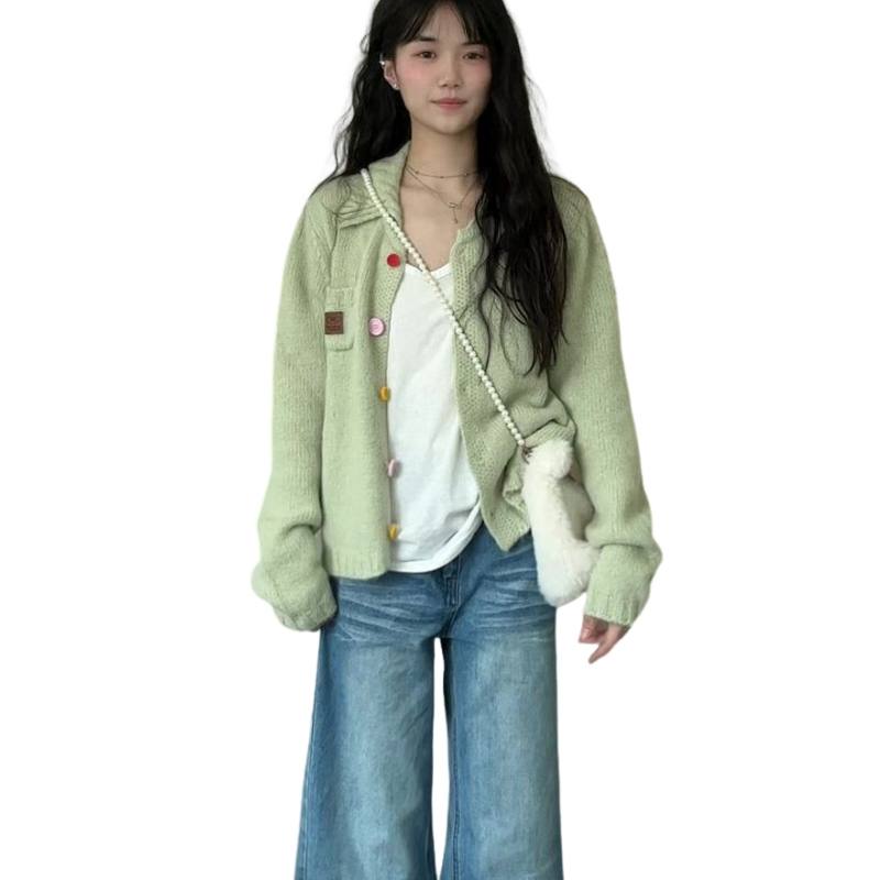 SIXUSICHOU Knitwear Women's Green Lapel Moderate Cardigan
