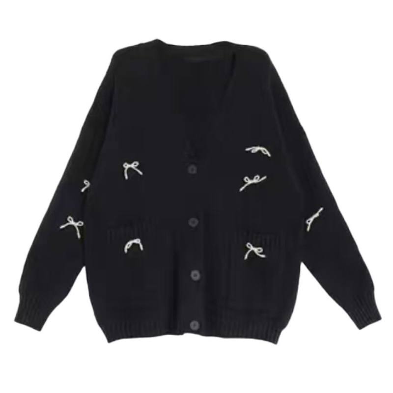 SIXUSICHOU Knitwear Women's Black V Neck Moderate Cardigan
