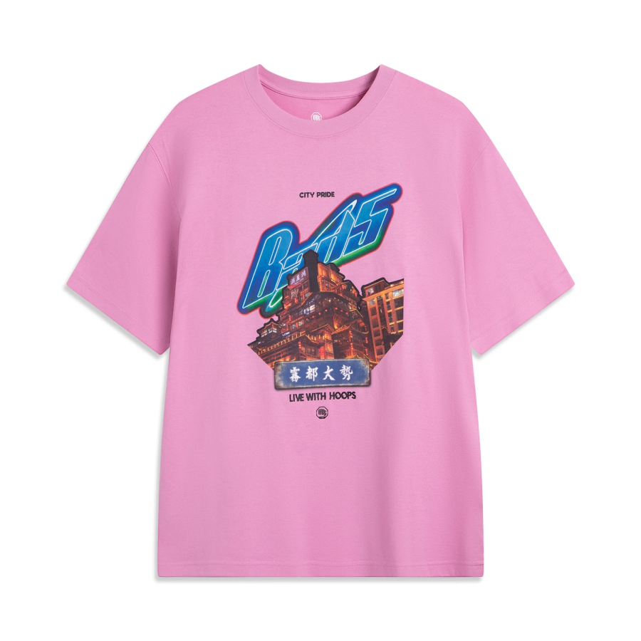 Li-Ning Li Ning T Shirts Men's Dream Pink Crew Neck Moderate Straight Fit