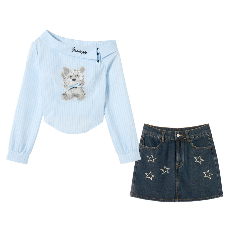 FABRIC PIG Two Piece Skirt Sets Women's Blue Top+Short Skirt+Comes With Belt Asymmetrical Collar Moderate Short