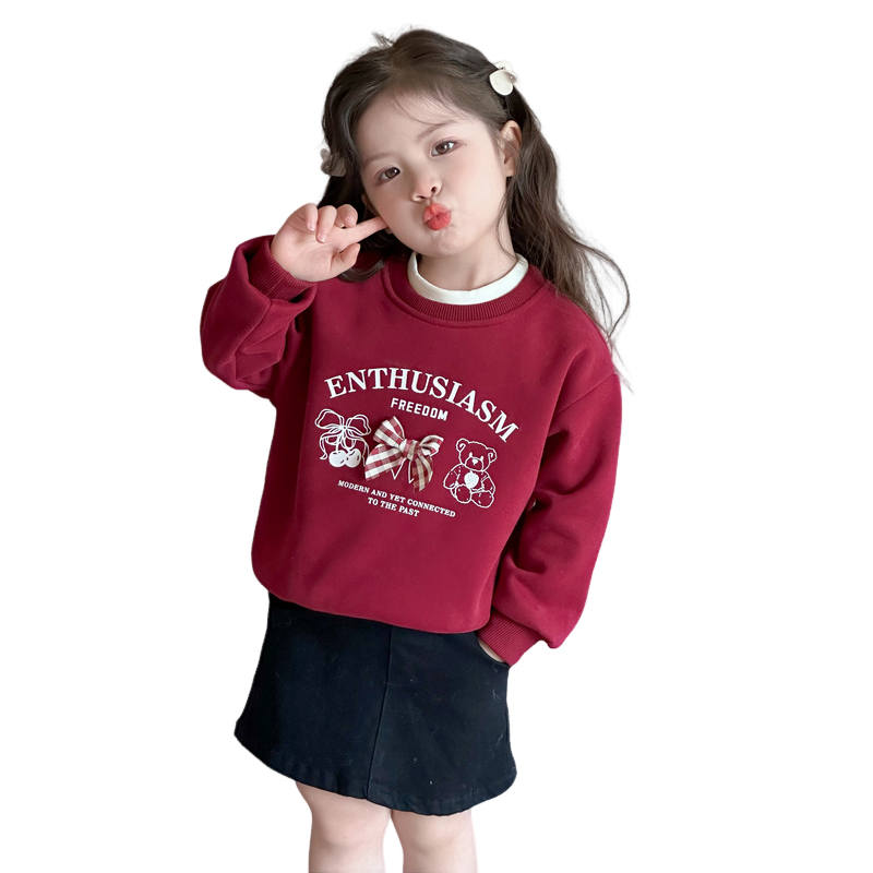 Lanza Casual Sweatshirt Winter Thickened And Fleece Lined Bowknot Top Children Aged 3 7 Years Old