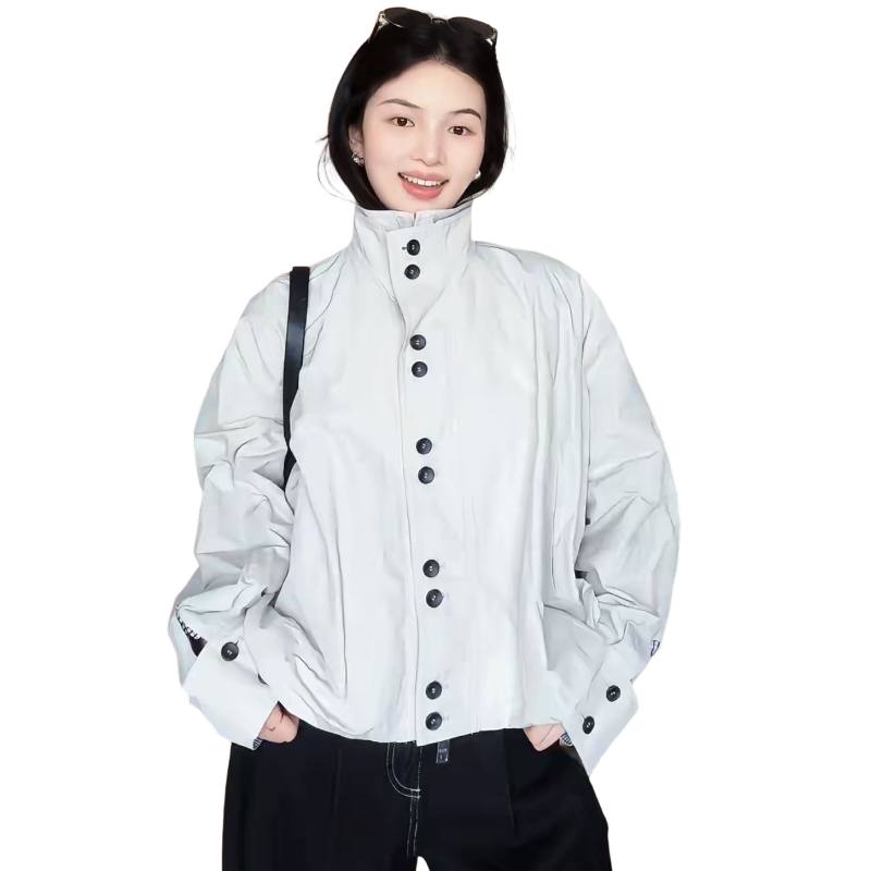 SIXUSICHOU Trench Coats Women's Gray Stand Collar Moderate Other
