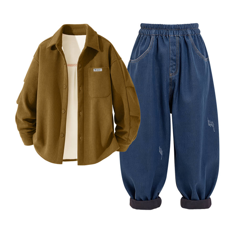 Disney Casual Sportswear Kids' Fleece Lined Corduroy Shirt Carrot Pants Fall Winter Thickened