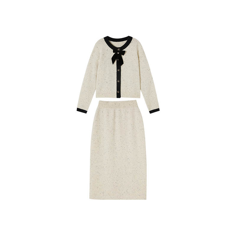 XIANGYING Two Piece Skirt Sets Women's Heron White Crew Neck Moderate Mid Length