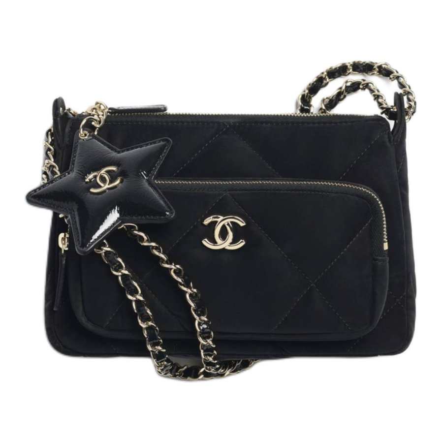 CHANEL NEIGE Velvet Material Gold Metal One Shoulder Handbag Women's Black