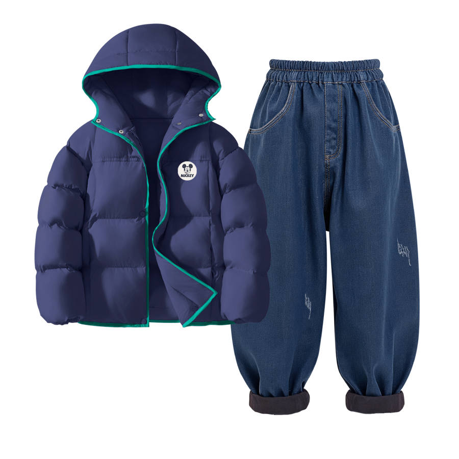 Disney Casual Sportswear Kids' Color Block Binding Thickened Puffer Jacket Fleece Lined Carrot Pants Fall Winter