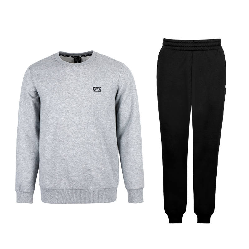 Skechers Solid Color Thickened And Fleece Lined Loose Fit Crew Neck Pullover Sweatshirt Pants Two Piece Set