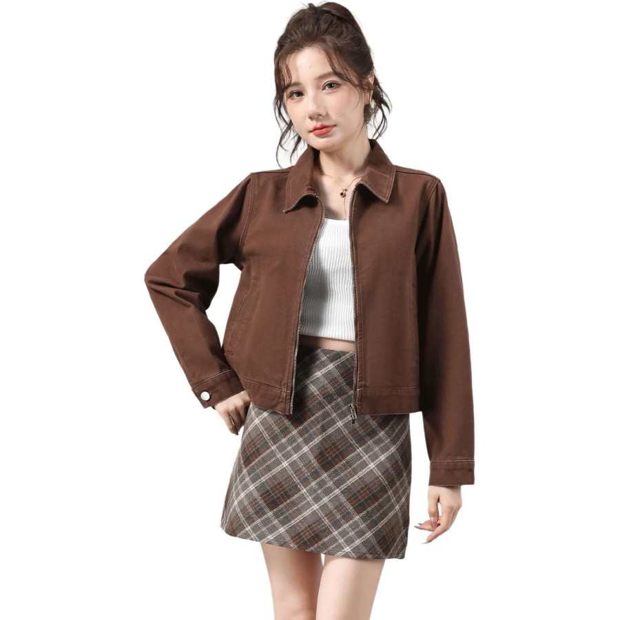 Tonlion Denim Jackets Women's Coffee Lapel Moderate Straight Fit