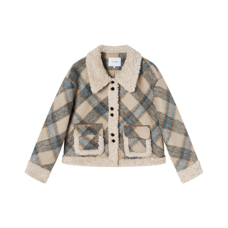 XIANGYING Cropped Coats Women's Blue Plaid Lapel Thickened