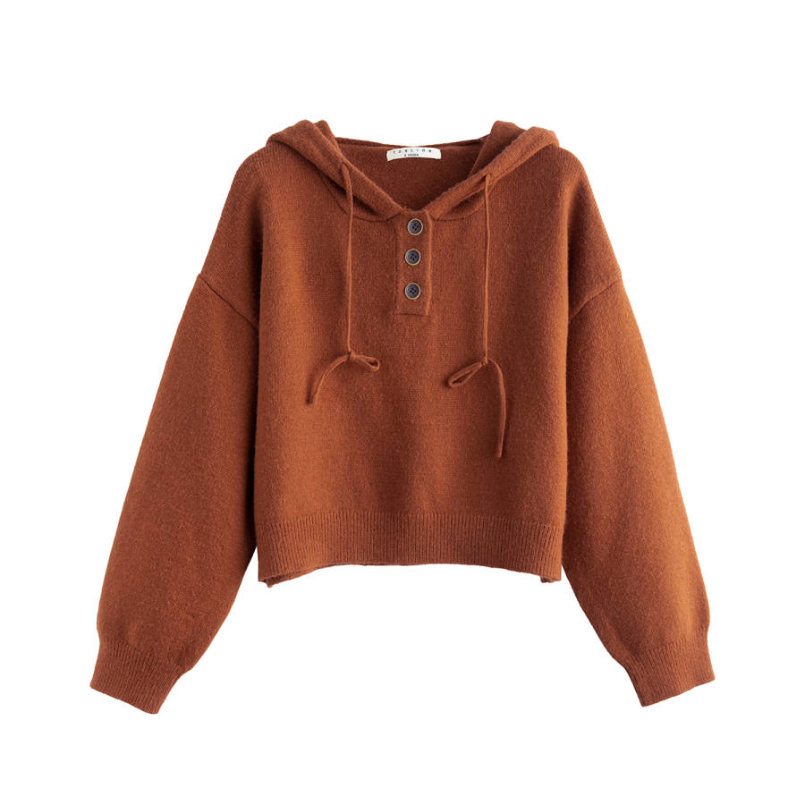 Tonlion Knitwear Women's Vintage Orange Hooded Moderate Cardigan