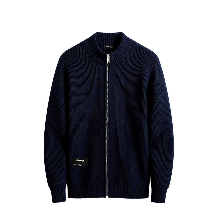Jeep Knitwear Unisex Navy Blue Turtleneck Moderate Cardigan