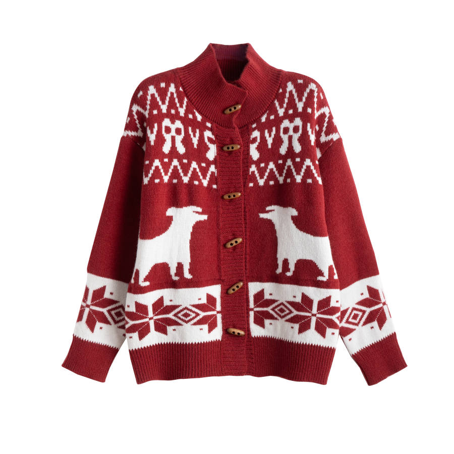 Tonlion Knitwear Women's Red Tone Stand Collar Moderate Cardigan