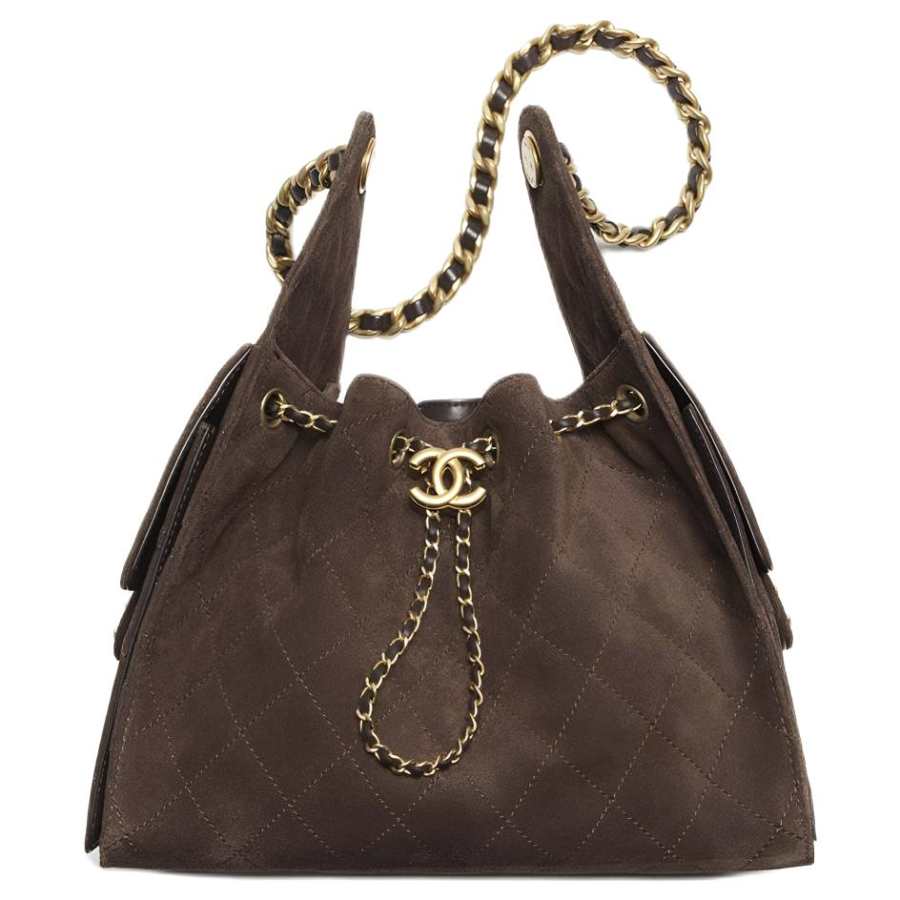 CHANEL 25Bag Suede Material Gold Metal Hippy Bag Shoulder Bag Small Women's Dark Brown