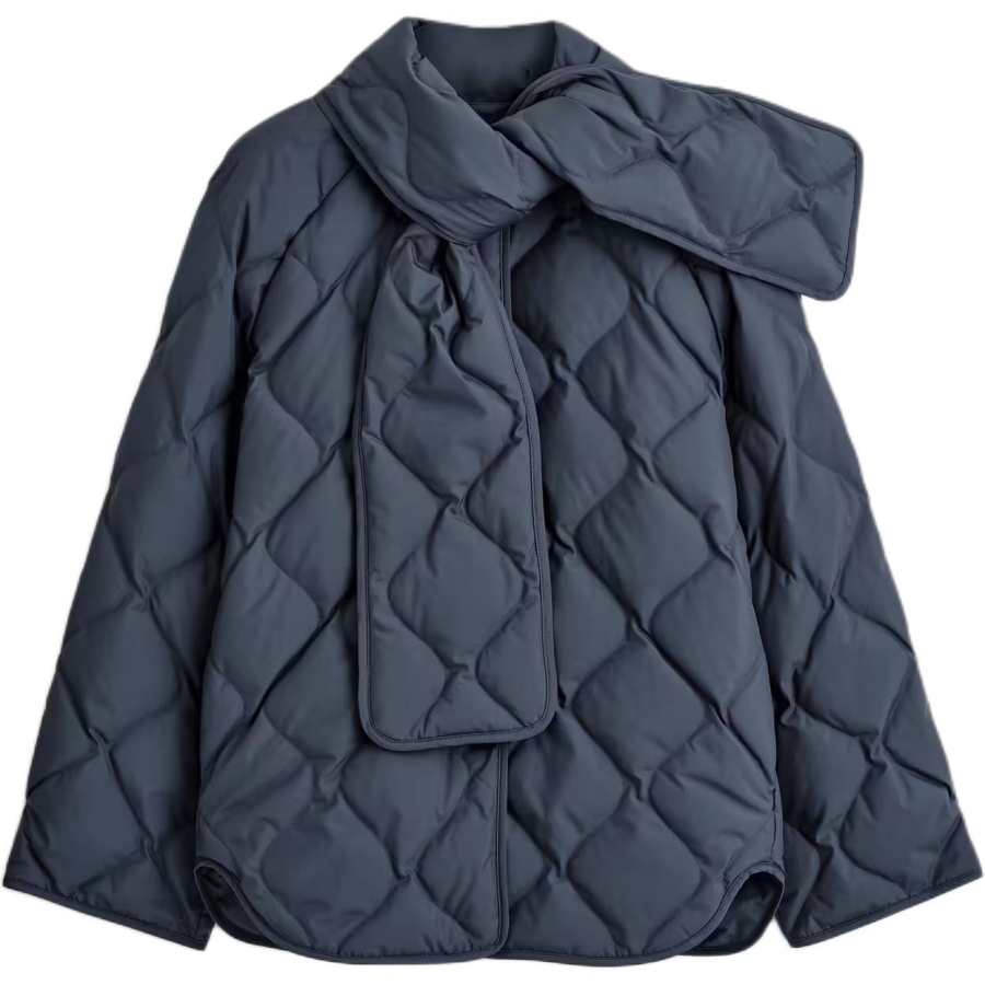 COS Down Jackets Women's Marine Blue Crew Neck Moderate Quilted Down Jacket