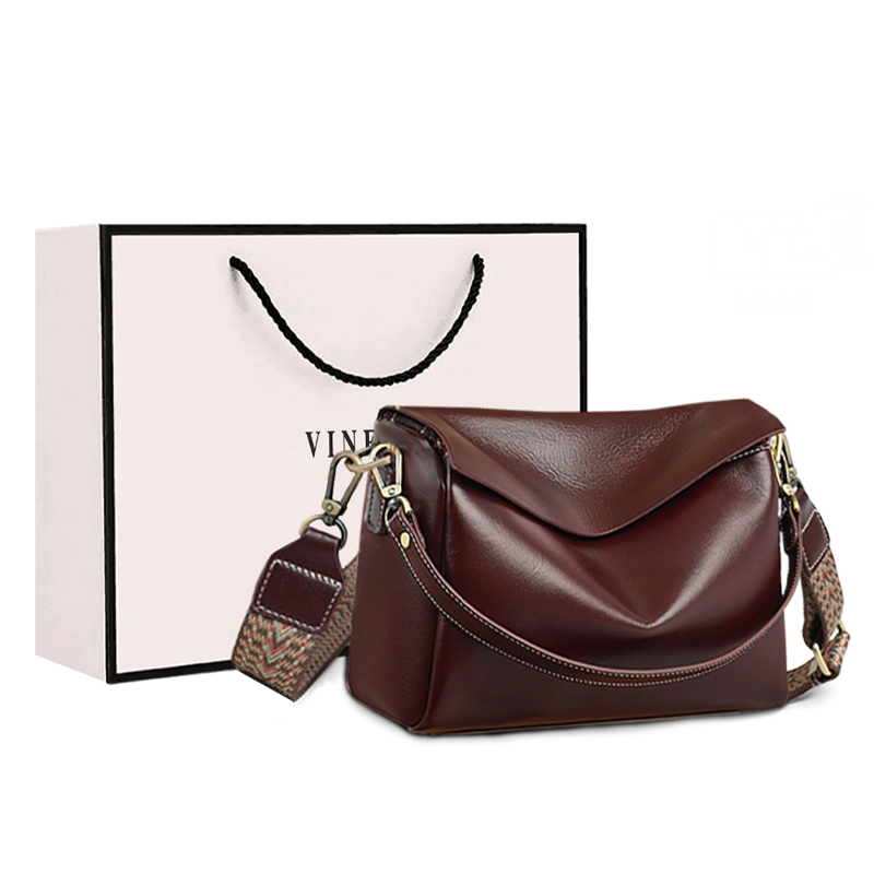 VINEY Top Grain Cow Leather Shoulder Bag, Crossbody Bag Large Women's Wine Coffee/Black