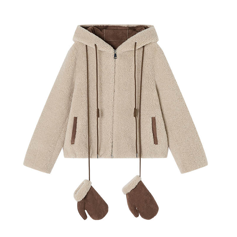XIANGYING Furs Women's Beige Yellow Hooded Thickened