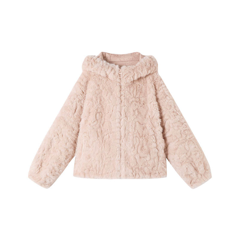 XIANGYING Furs Women's Light Pink Hooded Thickened