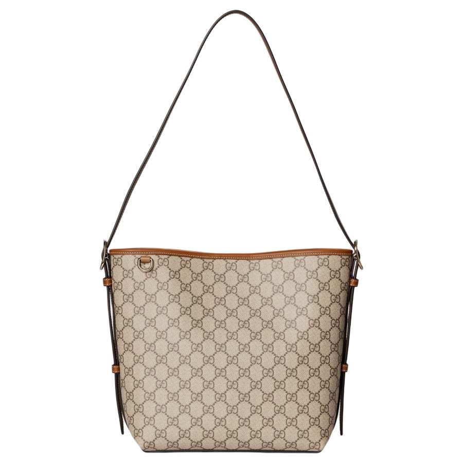 GUCCI GG Emblem Coated Fabric Shoulder Bag Small Women's Beige & Dark Brown