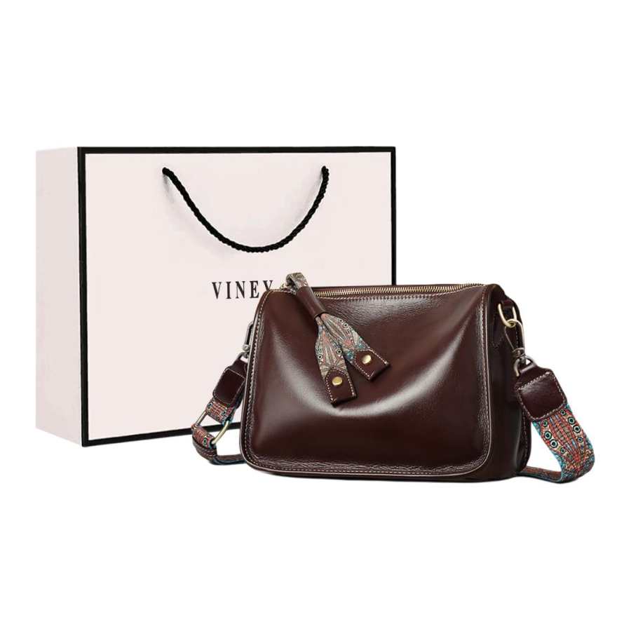 VINEY Cow Leather Crossbody Bag, Shoulder Bag Large Women's Wine Coffee