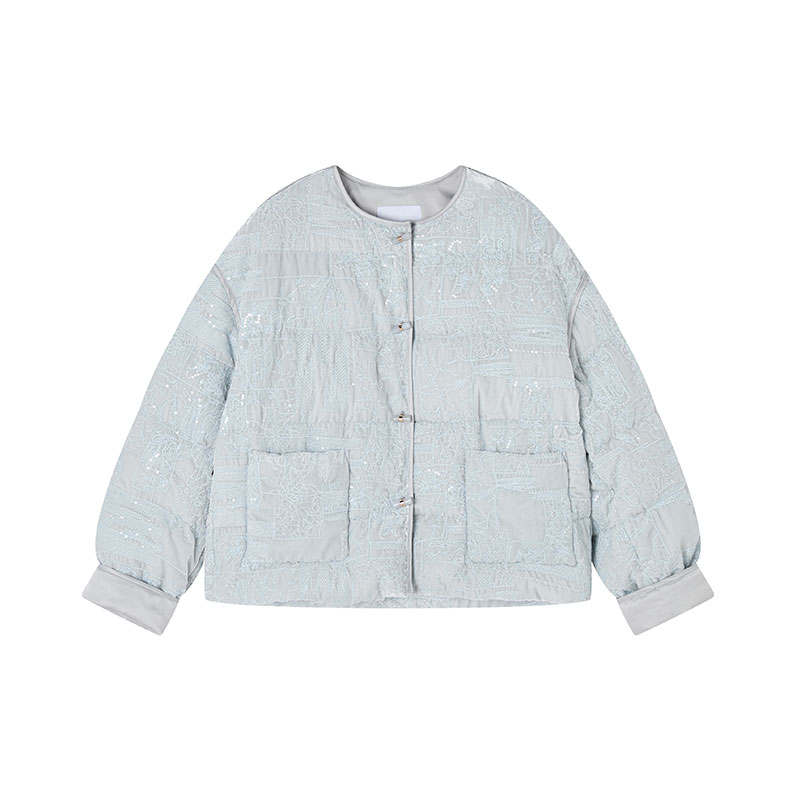 XIANGYING Down Jackets Women's Gray Blue Crew Neck Lightweight Chanel Inspired Down Jacket