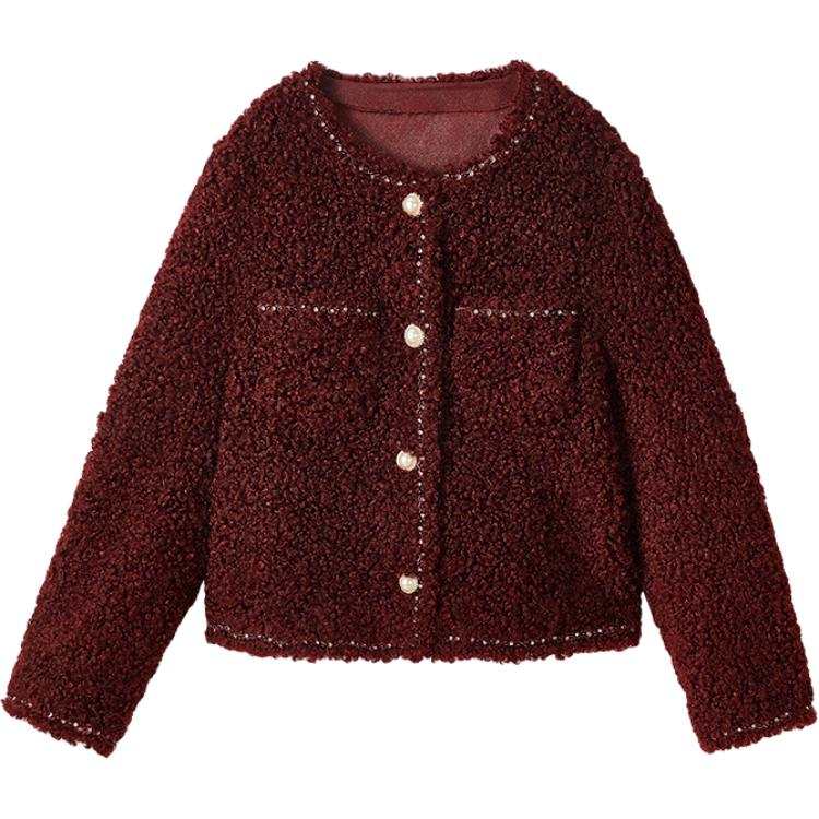 XIANGYING Furs Women's Burgundy Crew Neck Thickened