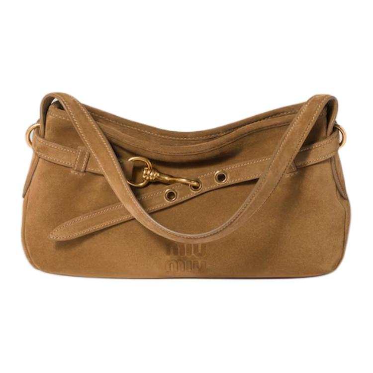 MIU MIU Aventure Suede Sheepskin Handbag Medium Unisex Olive Green