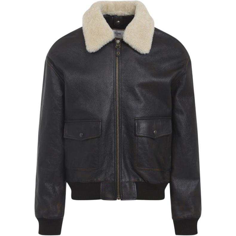 CELINE CELINE Leather Jackets Men's Dark Brown Lapel Moderate Straight Fit