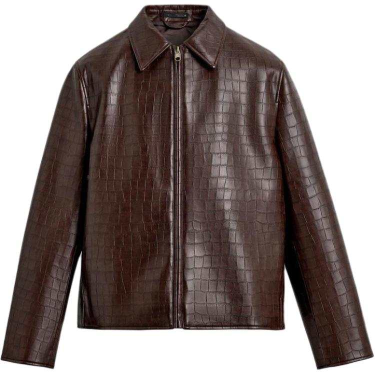 ZARA ZARA Leather Jackets Men's Brown Lapel Moderate