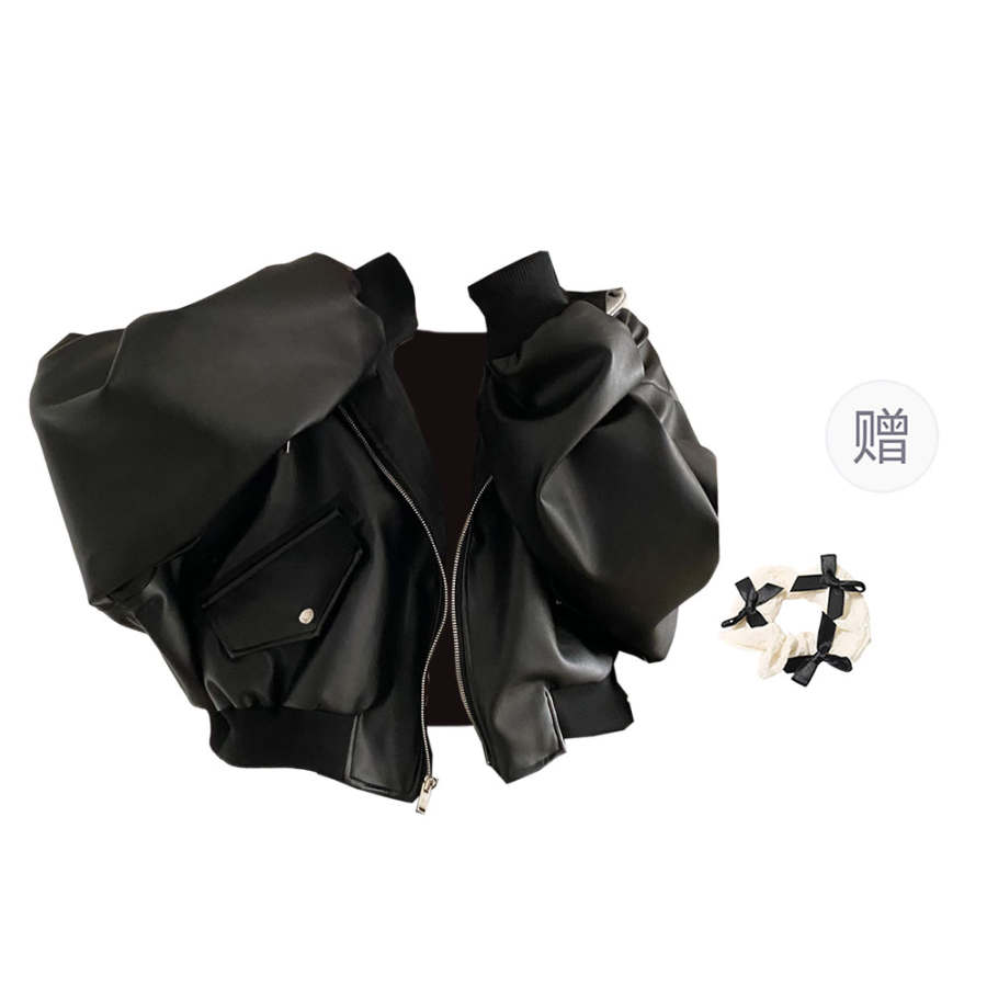 CPAURA Leather Jackets Women's Black+Hair Tie Comes With Hooded Moderate Biker Jacket