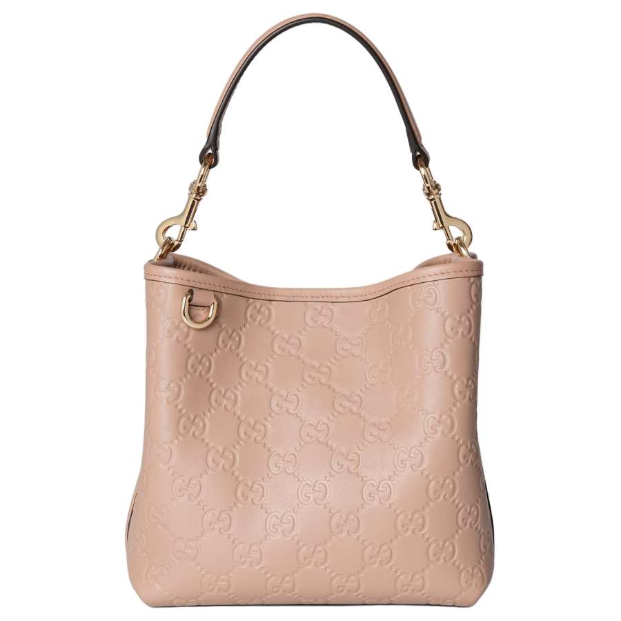 GUCCI GG Emblem Cow Leather Bucket Bag Handbag Small Women's Pink Beige