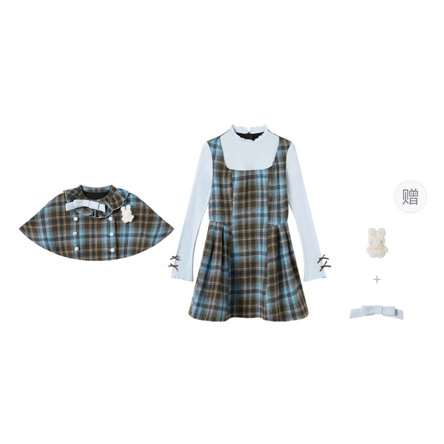 FABRIC PIG Two Piece Skirt Sets Women's Blue Cloak+Dress+Comes With Bowknot+Brooch Crew Neck Moderate Short