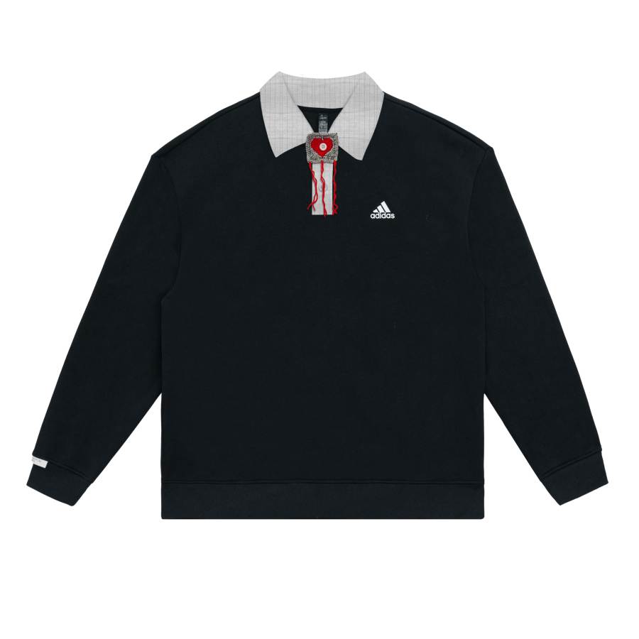 Adidas Adidas LABEL Logo Print Casual Plaid Heart Pattern Fleece Lined Long Sleeved Polo Shirt Unisex
