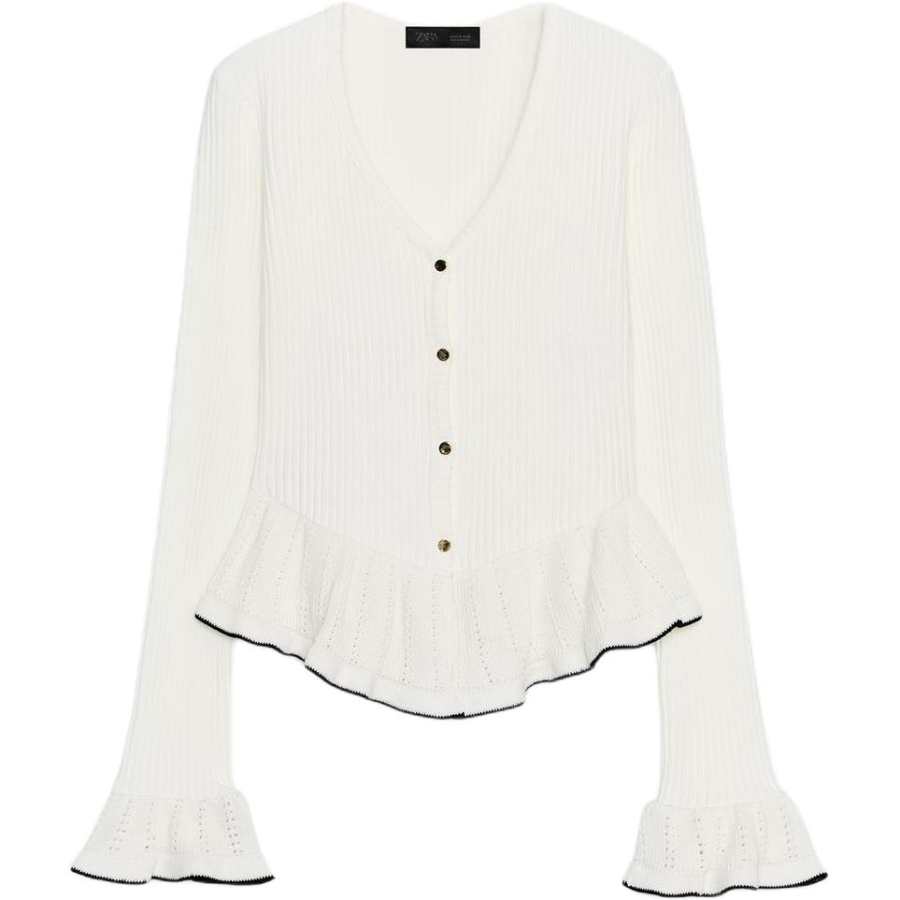 ZARA Knitwear Women's Frosted White V Neck Moderate Cardigan