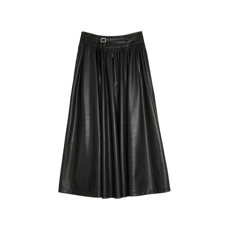 ELLE Leather Long Skirts Women's Black Moderate Mid Length A Line Skirt