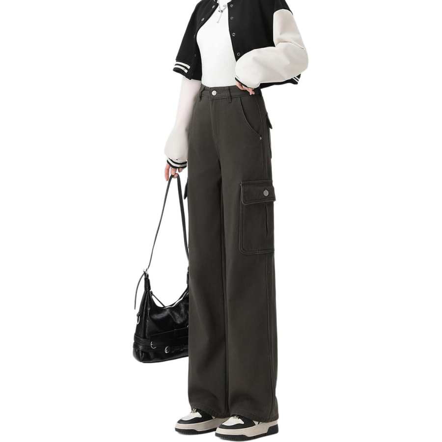 Tonlion Casual Pants Women's Dark Gray Thickened And Fleece Lined Cargo Pants