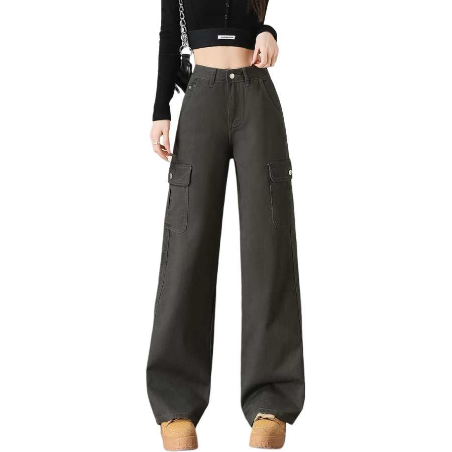 Tonlion Casual Pants Women's Dark Gray Thickened And Fleece Lined Cargo Pants