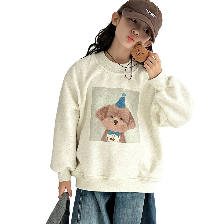 Lanza Casual Sweatshirt Winter Thickened And Fleece Lined Cartoon Puppy Top Heather Gray Teenagers
