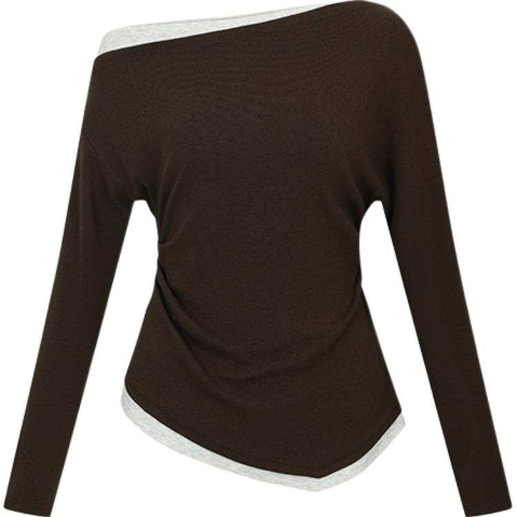 URBAN REVIVO T Shirts Women's Dark Brown Asymmetrical Collar Moderate Mock Two Piece