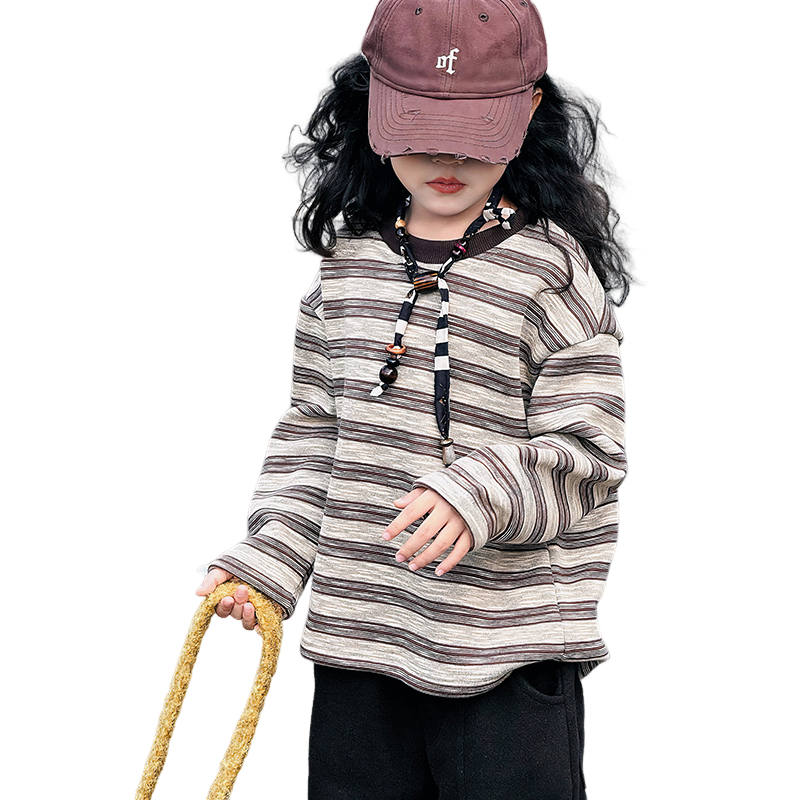 Lanza Casual Sweatshirt Winter Stylish Fleece Lined Striped Crew Neck Top Coffee Teenagers
