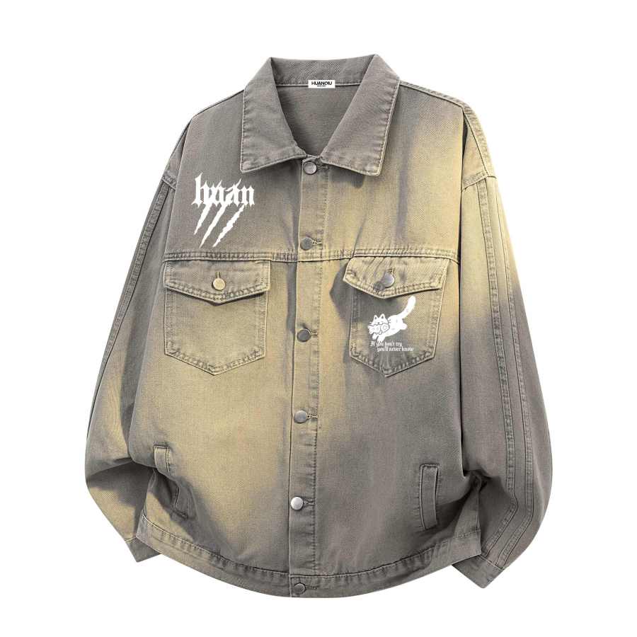 HUANQIU Denim Jackets Unisex Lapel Moderate Print