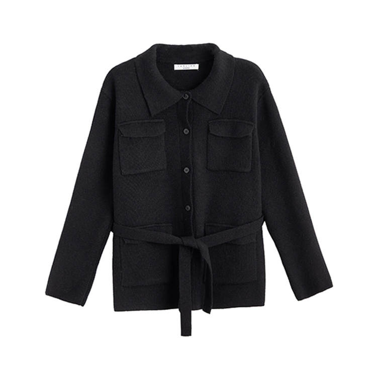 Tonlion Knitwear Women's Black Lapel Moderate Cardigan